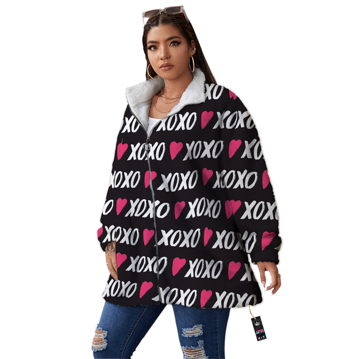 XOXO Valentine's Day Print Pattern Women's Sherpa Jacket-grizzshop