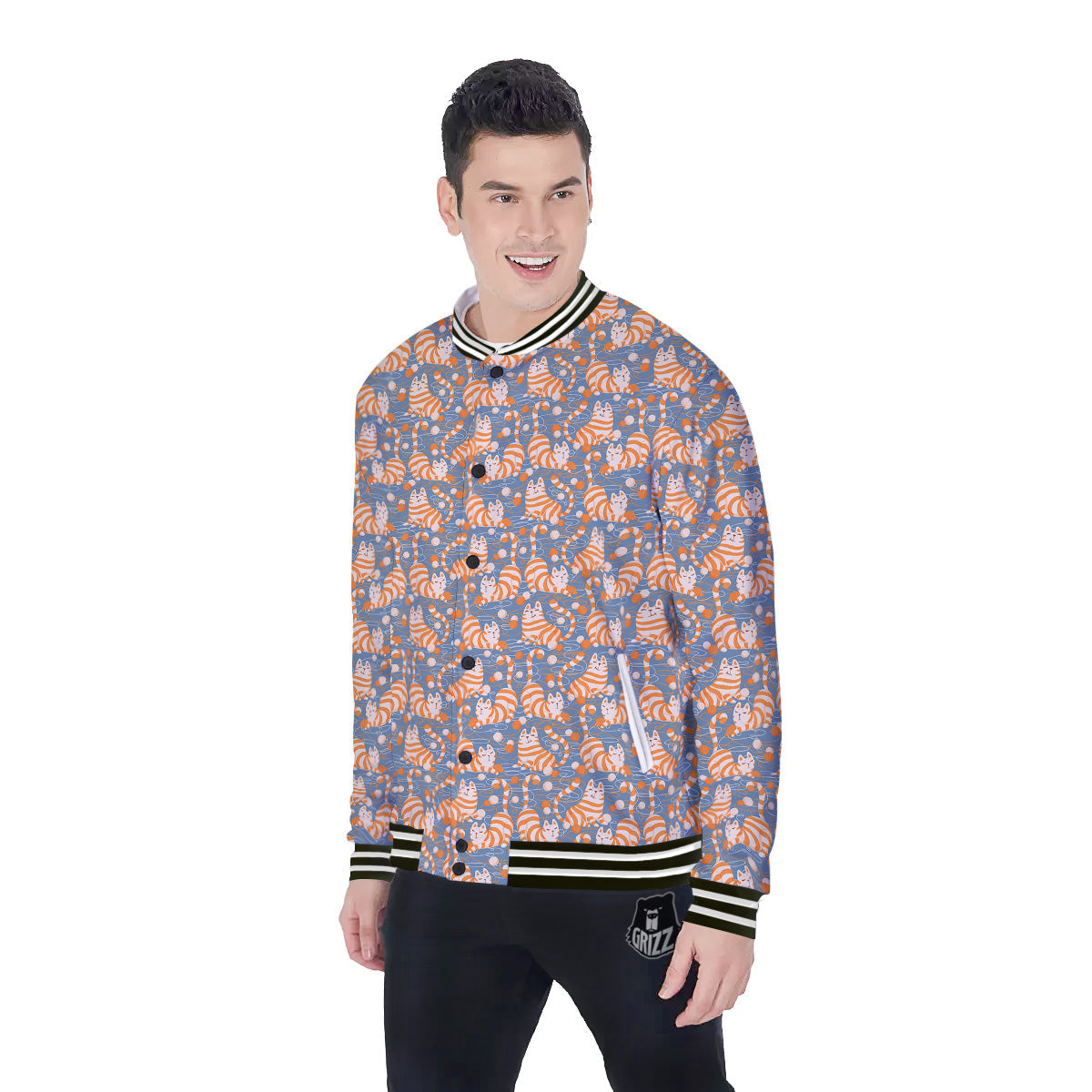Yarn Ball And Cat Print Pattern Baseball Jacket-grizzshop