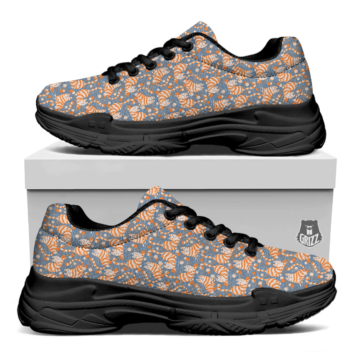 Yarn Ball And Cat Print Pattern Black Chunky Shoes-grizzshop