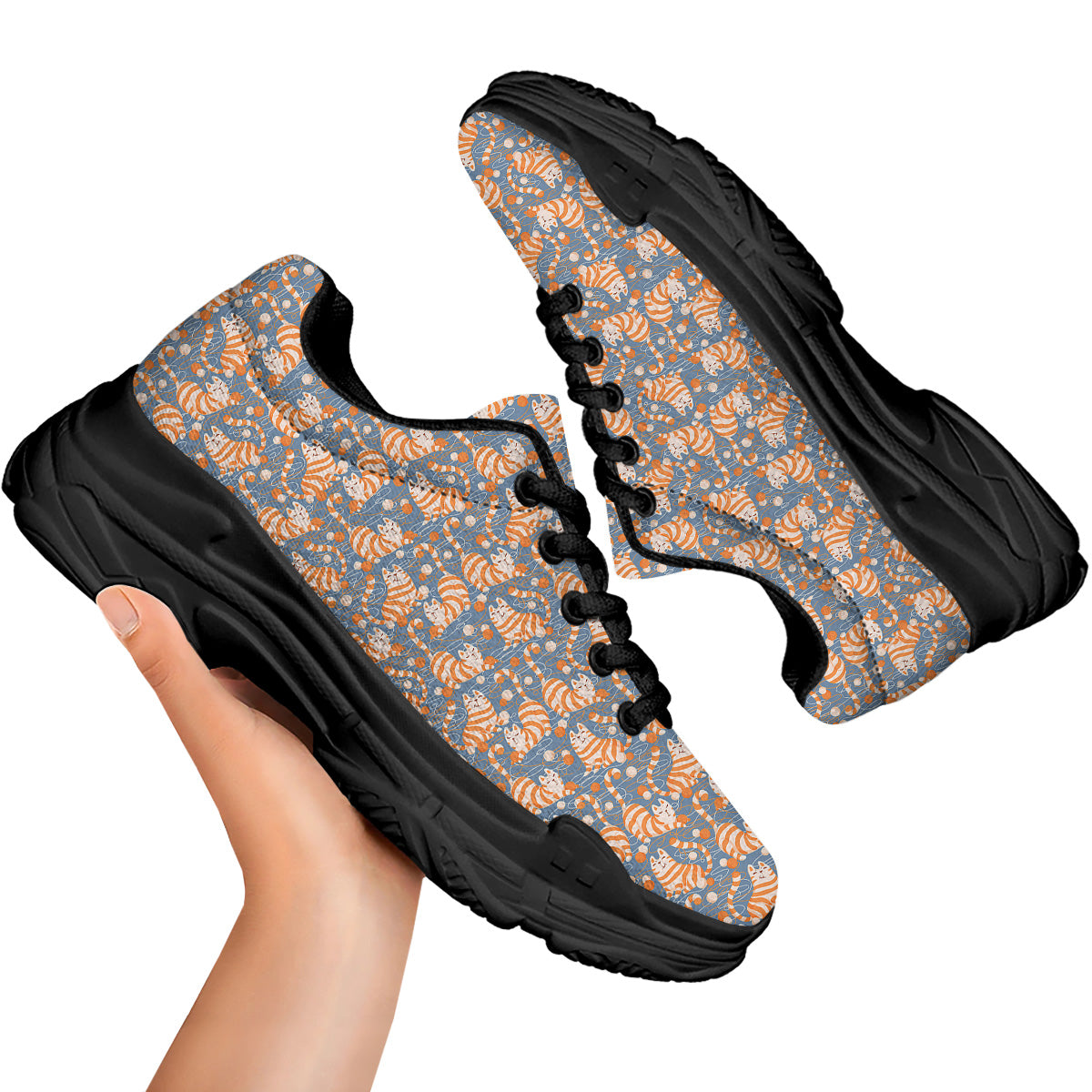 Yarn Ball And Cat Print Pattern Black Chunky Shoes-grizzshop