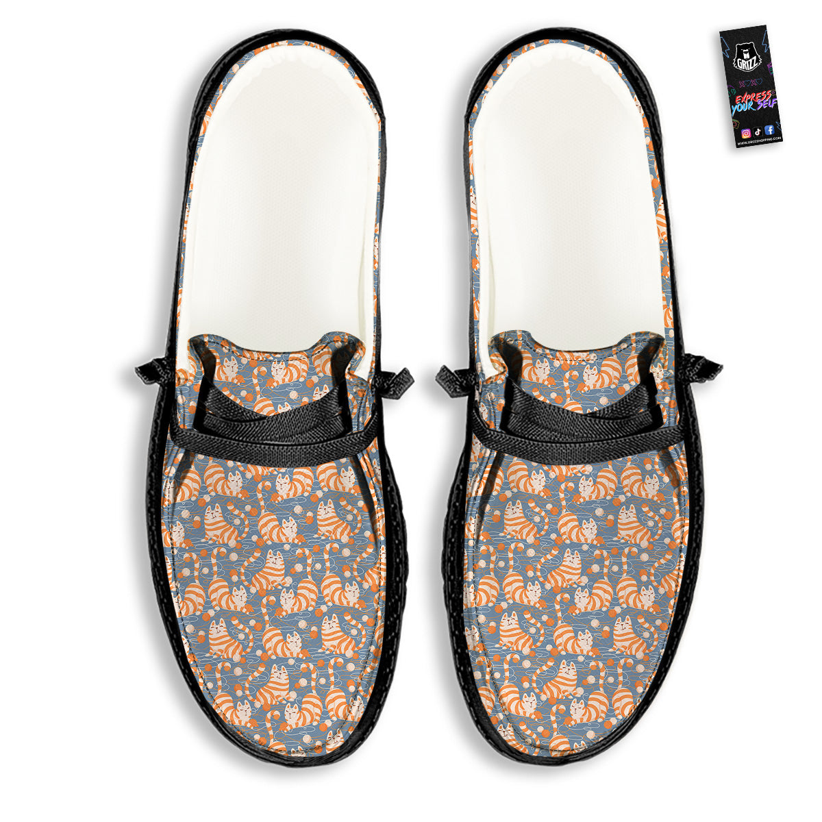 Yarn Ball And Cat Print Pattern Black Loafers-grizzshop