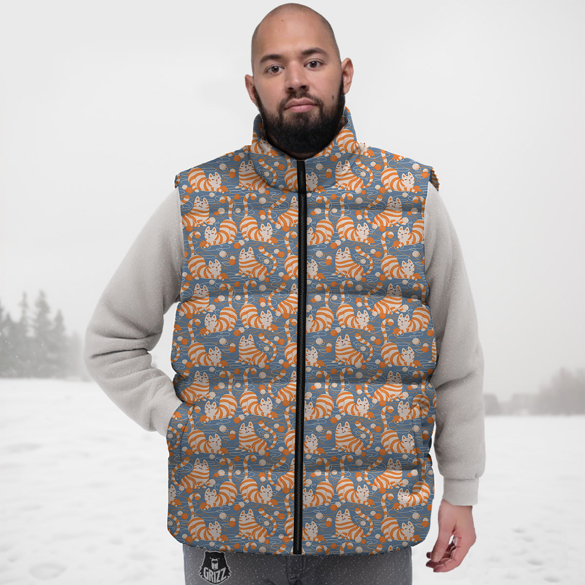Yarn Ball And Cat Print Pattern Down Vest-grizzshop