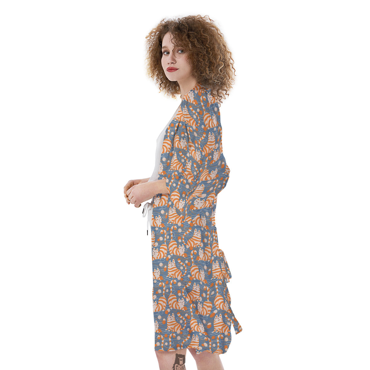 Yarn Ball And Cat Print Pattern Kimono-grizzshop