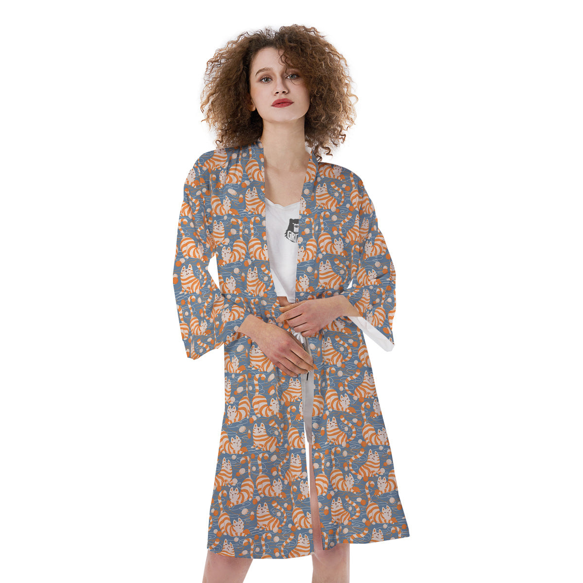 Yarn Ball And Cat Print Pattern Kimono-grizzshop