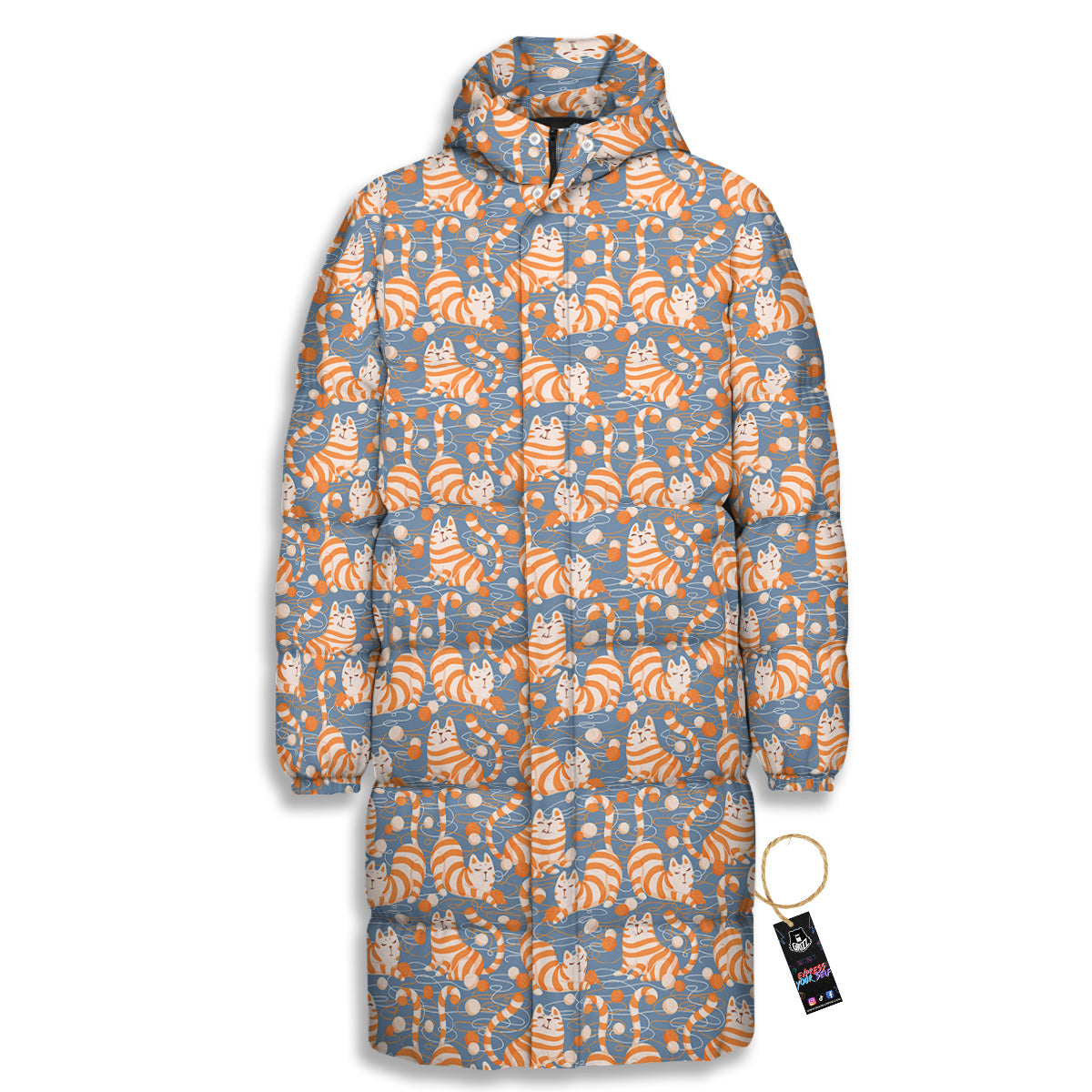 Yarn Ball And Cat Print Pattern Long Down Jacket-grizzshop