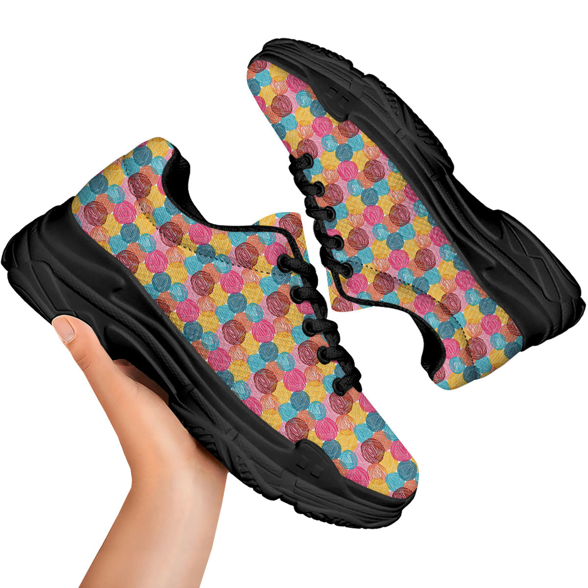 Yarn Balls Colorful Print Black Chunky Shoes-grizzshop