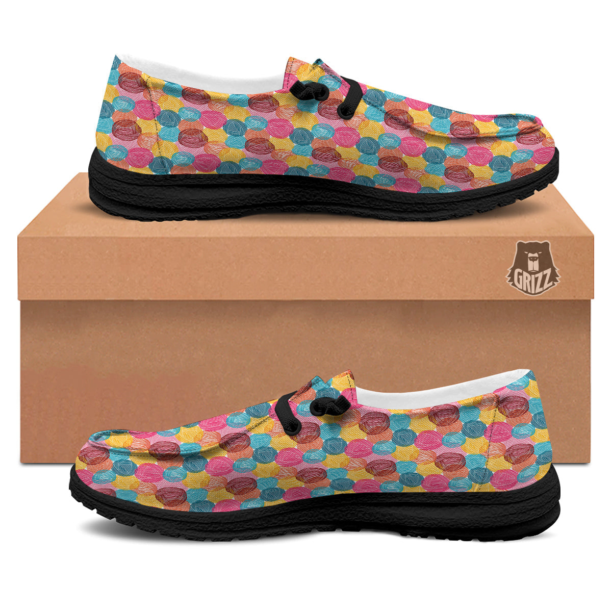 Yarn Balls Colorful Print Black Loafers-grizzshop