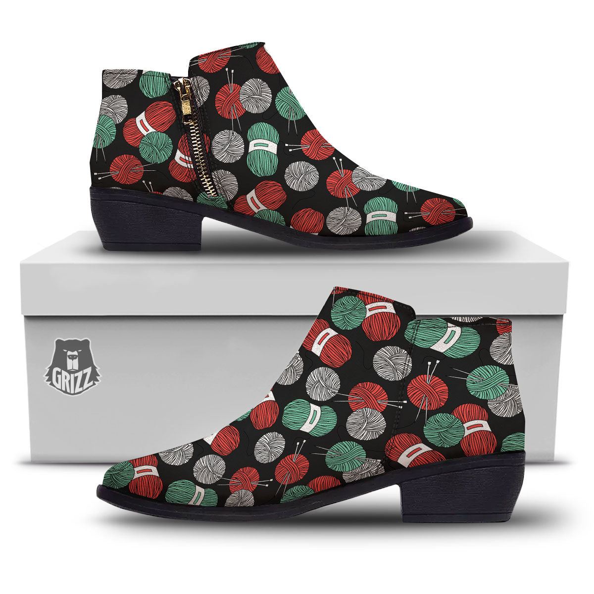 Yarn Knitting Print Pattern Ankle Boots-grizzshop