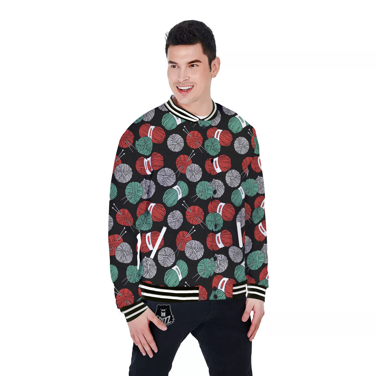 Yarn Knitting Print Pattern Baseball Jacket-grizzshop