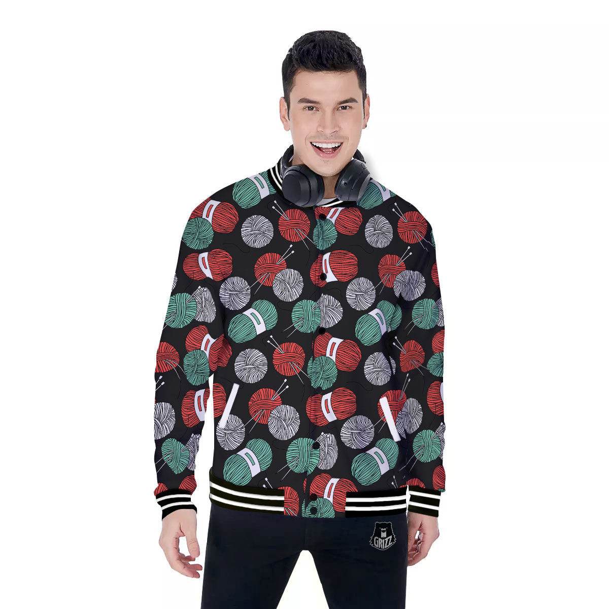 Yarn Knitting Print Pattern Baseball Jacket-grizzshop