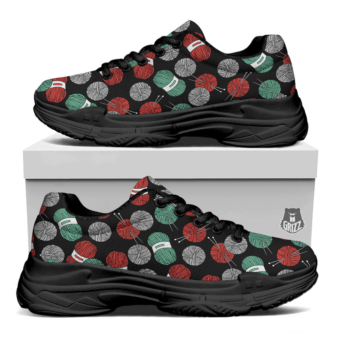 Yarn Knitting Print Pattern Black Chunky Shoes-grizzshop