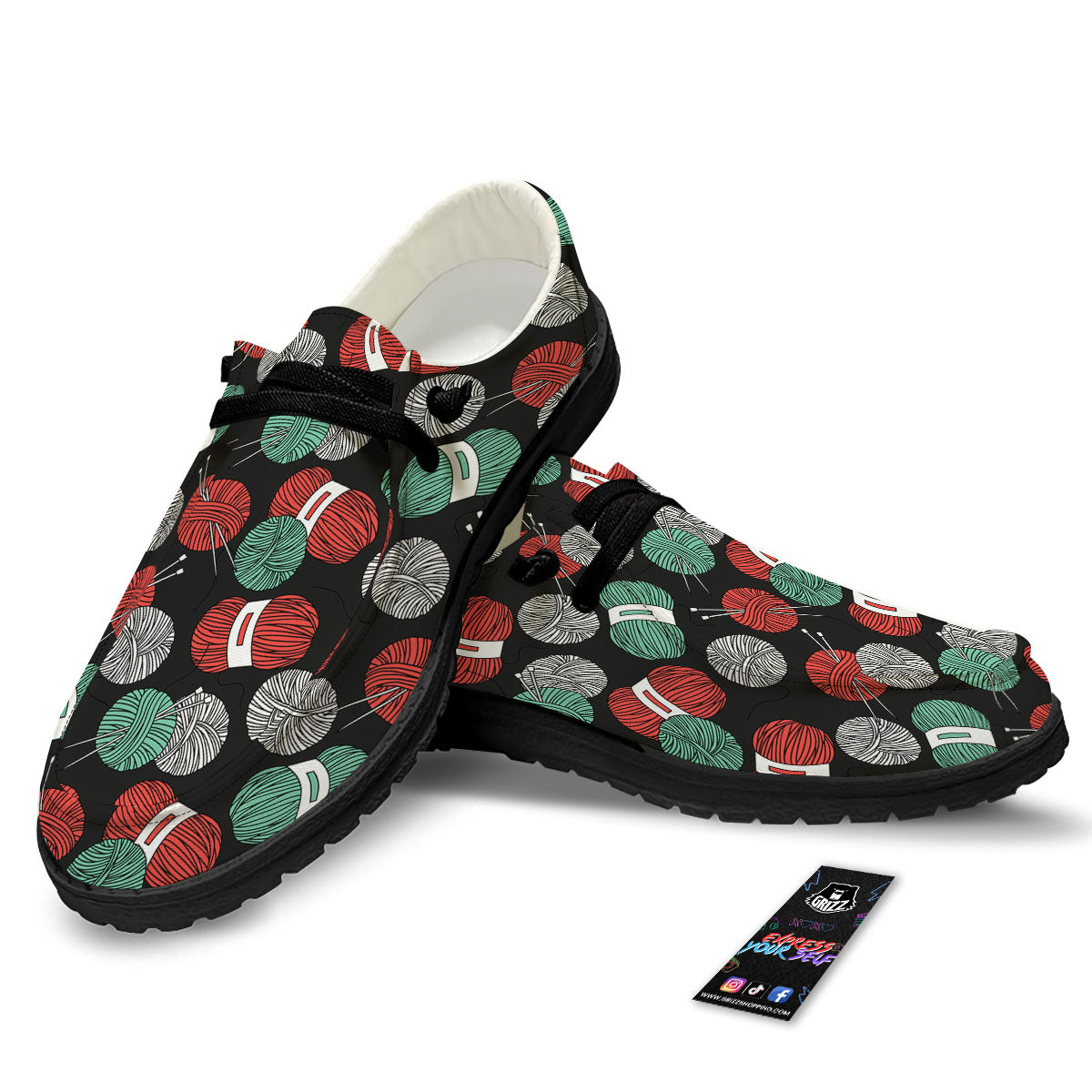 Yarn Knitting Print Pattern Black Loafers-grizzshop