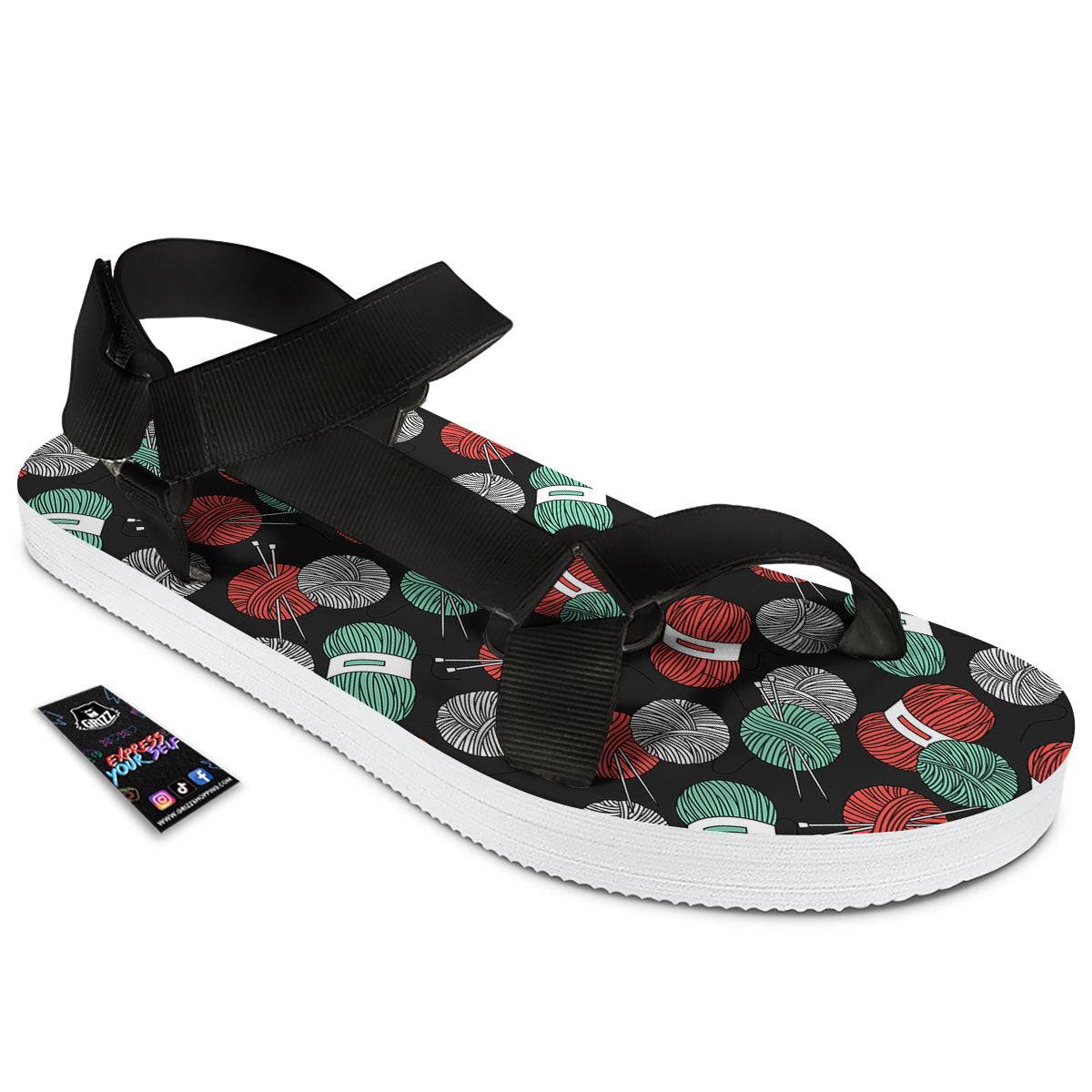 Yarn Knitting Print Pattern Black Open Toe Sandals-grizzshop