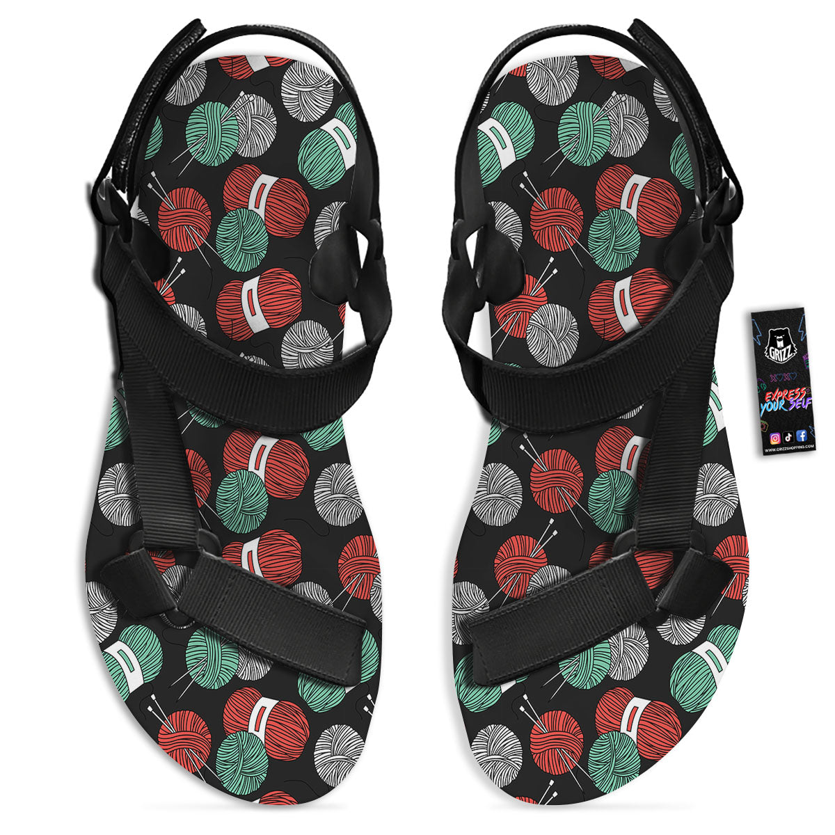 Yarn Knitting Print Pattern Black Open Toe Sandals-grizzshop