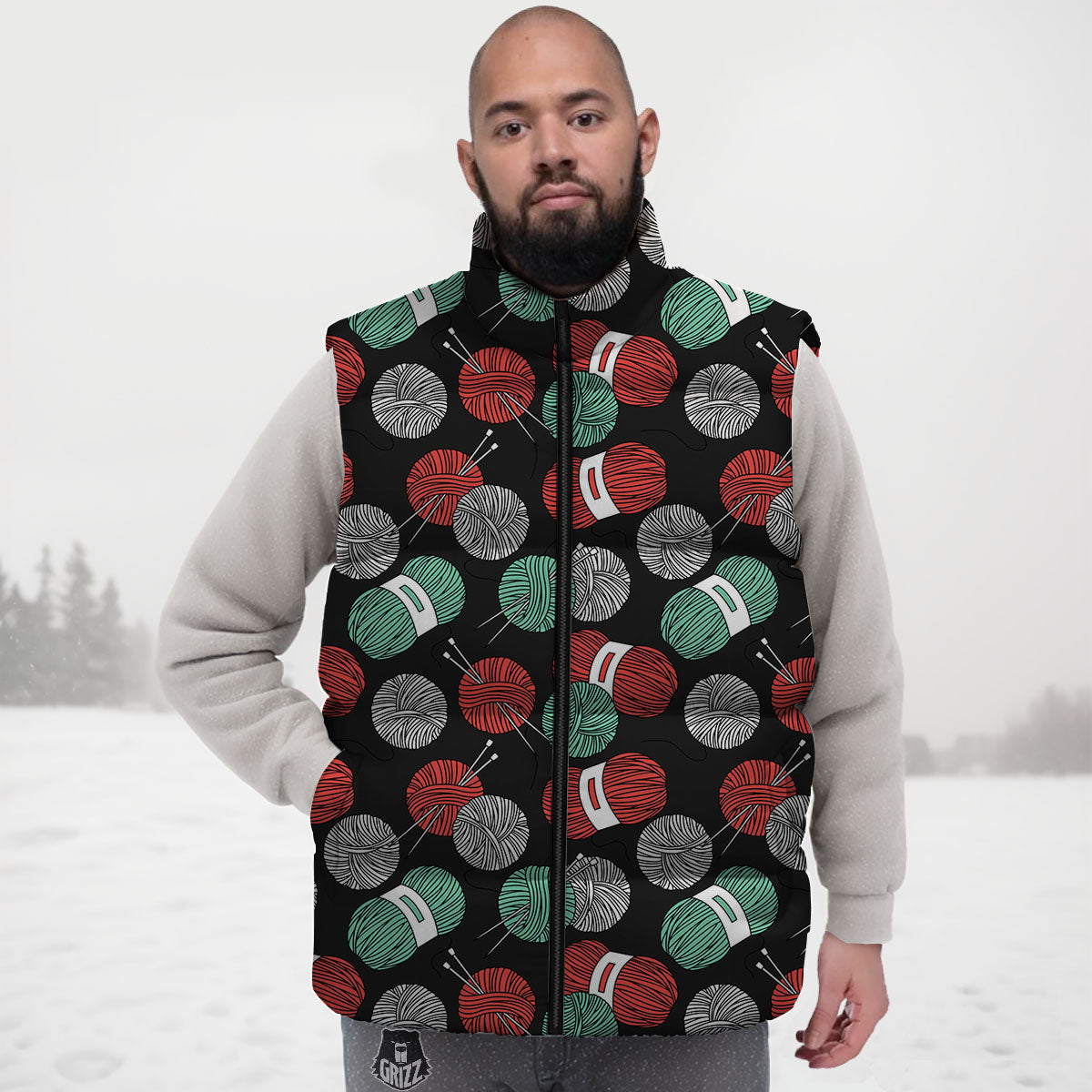 Yarn Knitting Print Pattern Down Vest-grizzshop