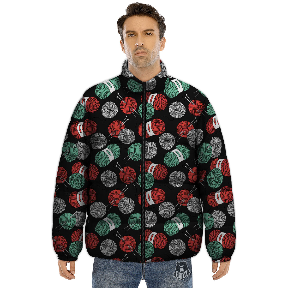 Yarn Knitting Print Pattern Puffer Jacket-grizzshop