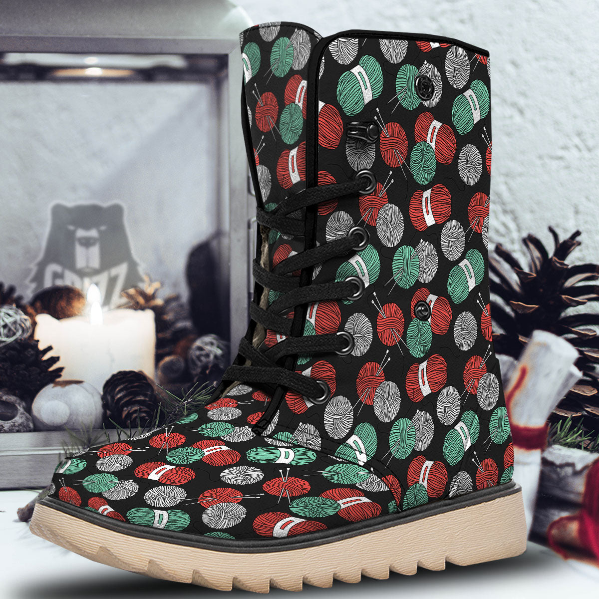 Yarn Knitting Print Pattern Snow Boots-grizzshop