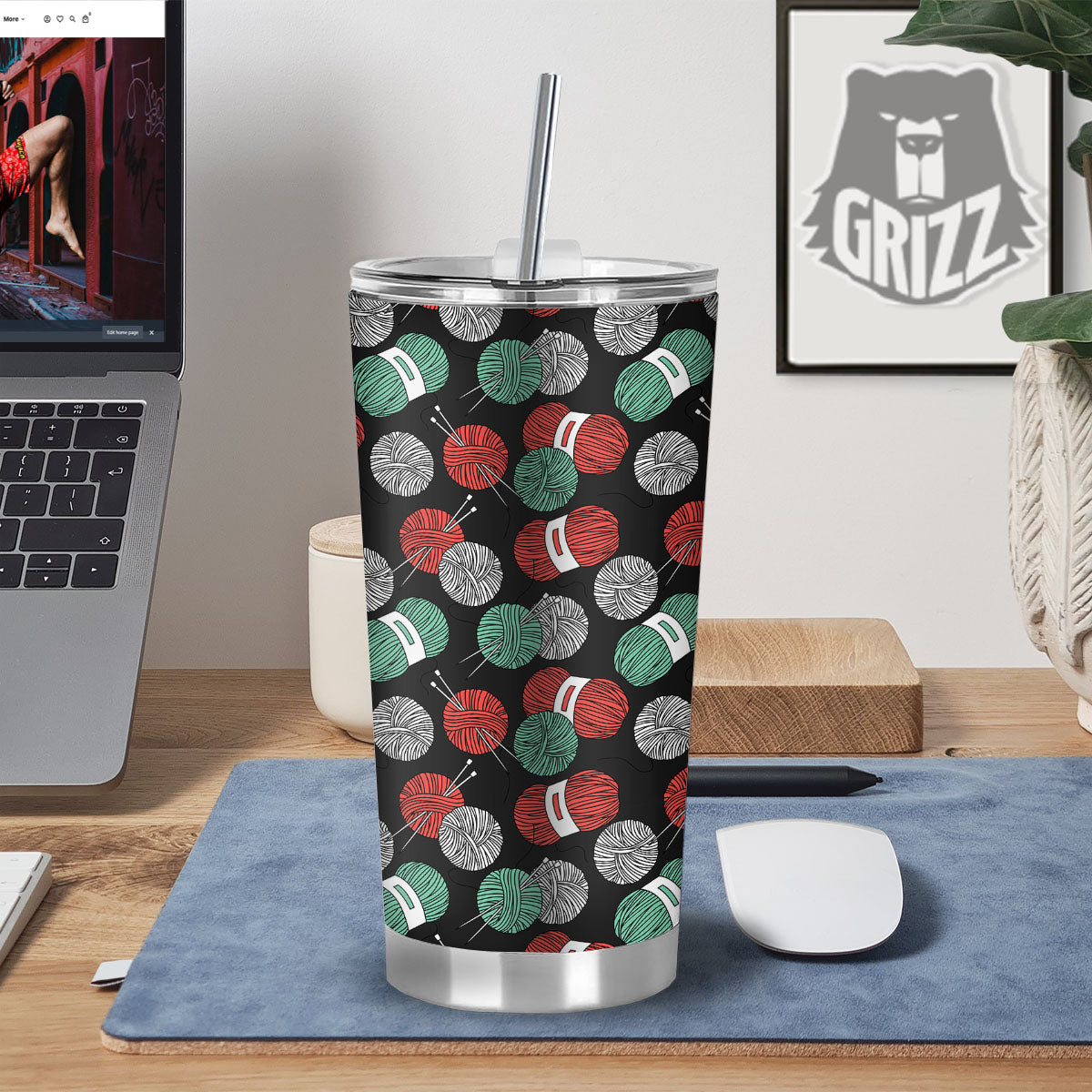 Yarn Knitting Print Pattern Tumbler-grizzshop