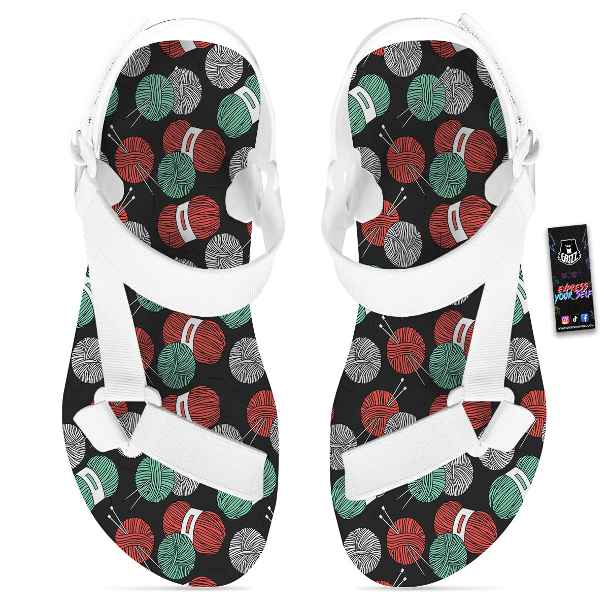 Yarn Knitting Print Pattern White Open Toe Sandals-grizzshop