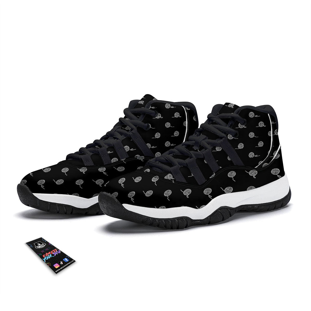 Yarn White And Black Print Pattern Black Bball Shoes-grizzshop