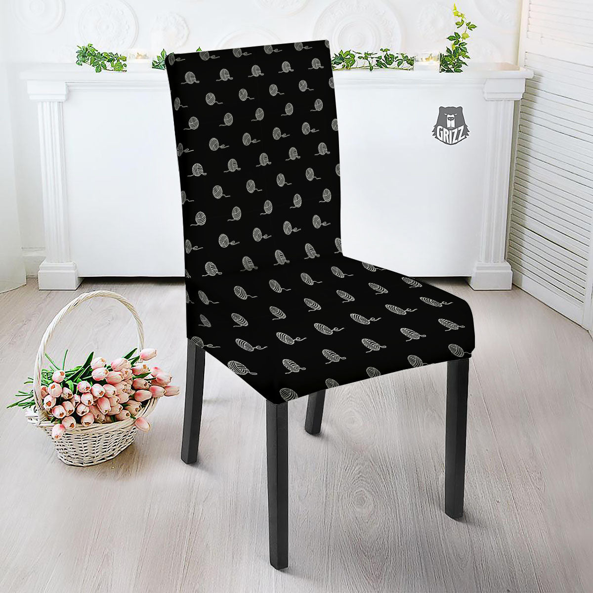 Yarn White And Black Print Pattern Dining Chair Slipcover-grizzshop