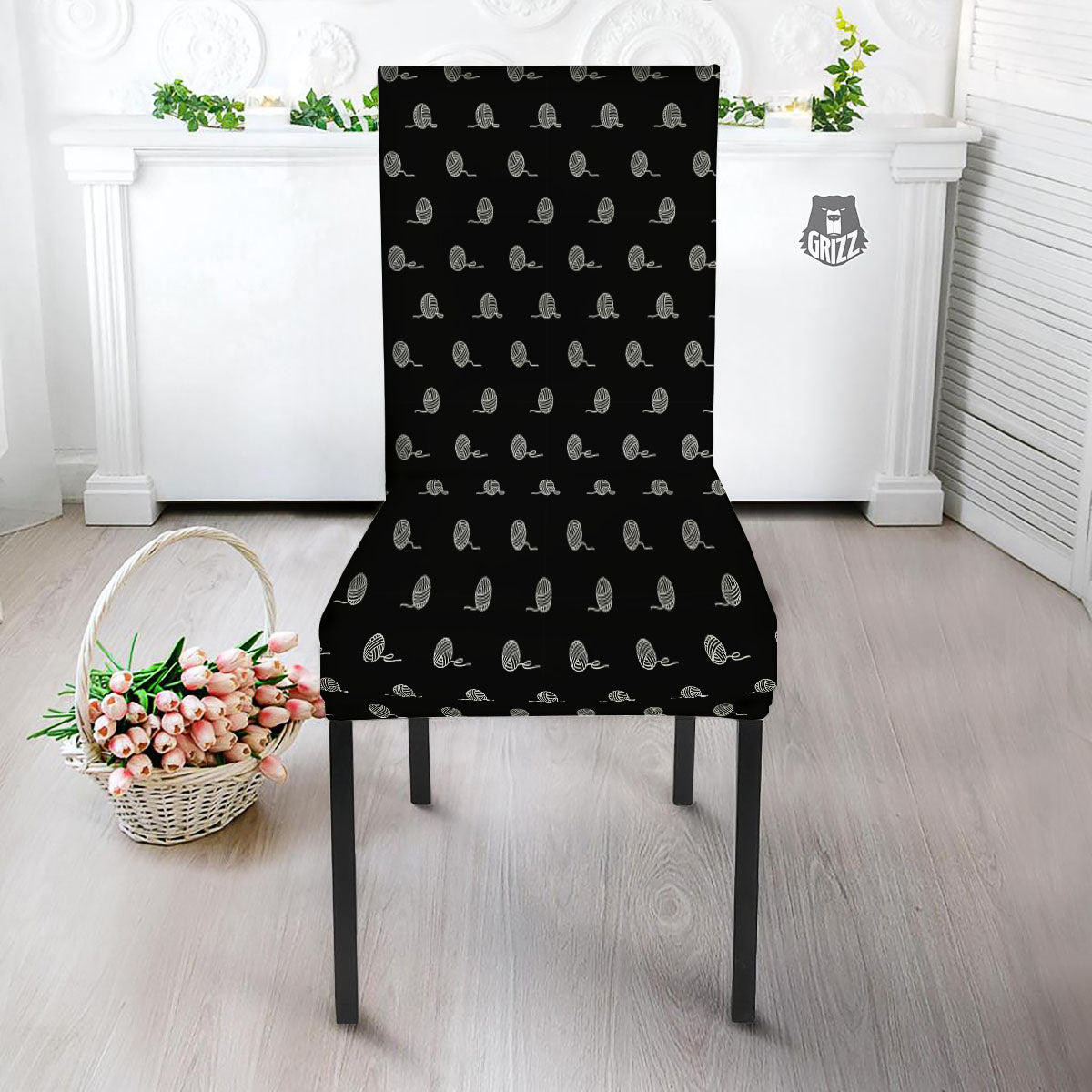 Yarn White And Black Print Pattern Dining Chair Slipcover-grizzshop