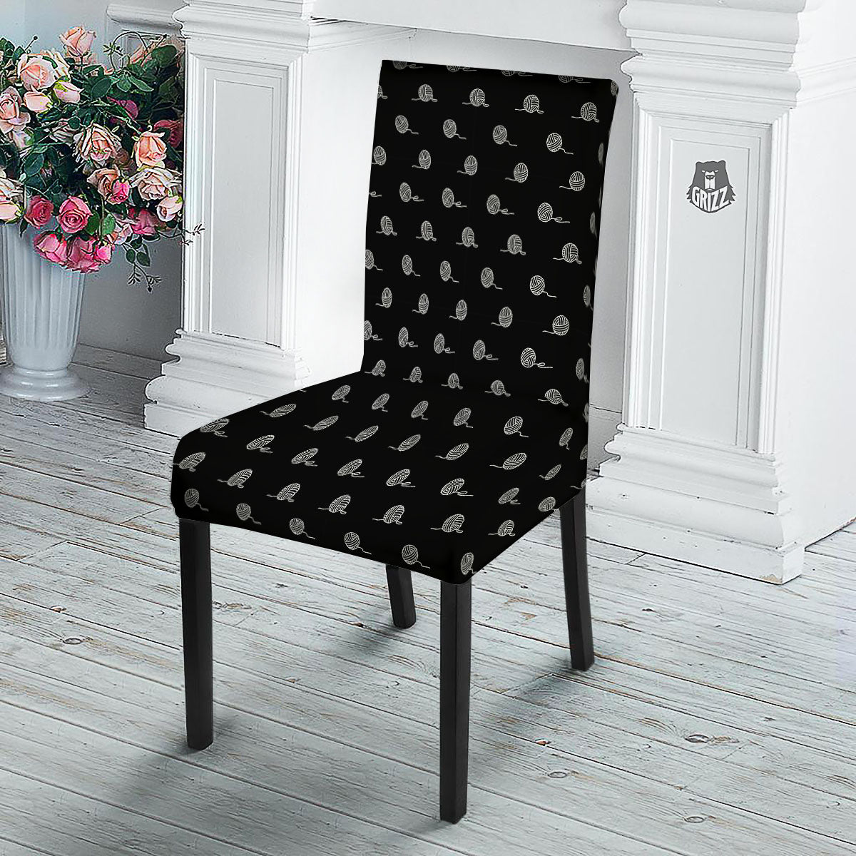 Yarn White And Black Print Pattern Dining Chair Slipcover-grizzshop