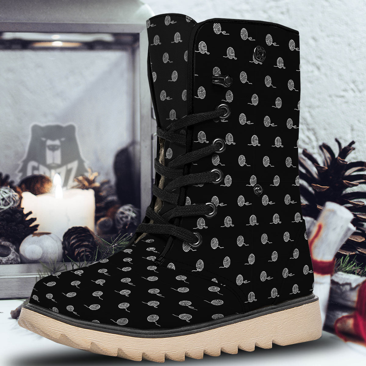 Yarn White And Black Print Pattern Snow Boots-grizzshop
