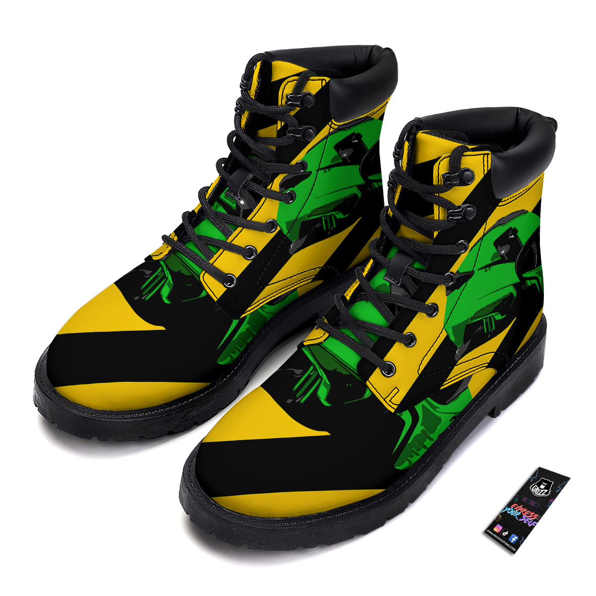 Yellow And Green Helmet Print Boots-grizzshop