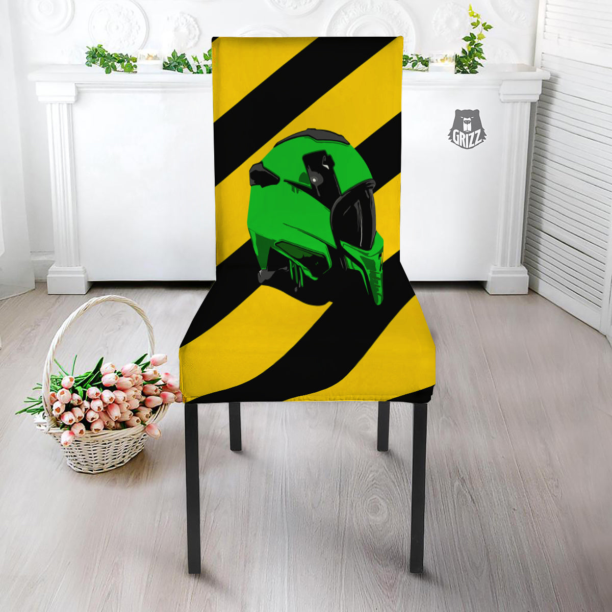 Yellow And Green Helmet Print Dining Chair Slipcover-grizzshop