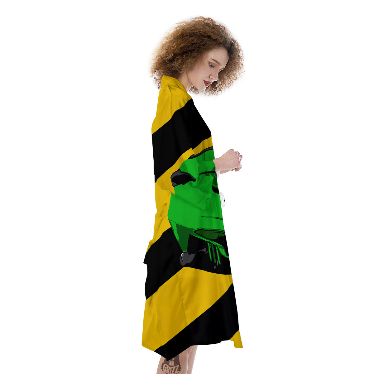 Yellow And Green Helmet Print Kimono-grizzshop
