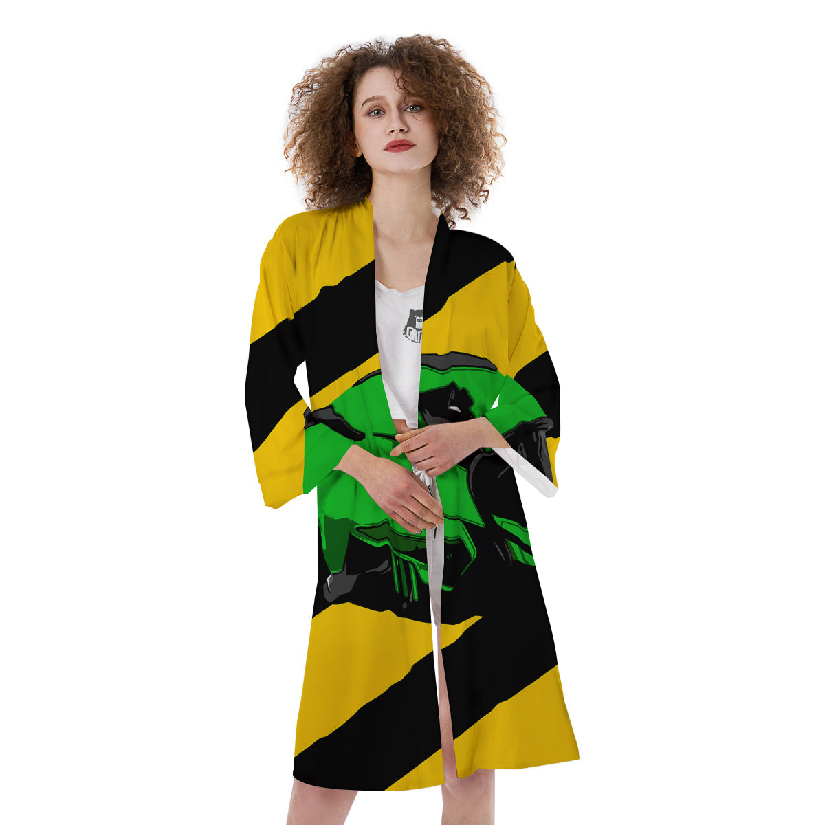 Yellow And Green Helmet Print Kimono-grizzshop