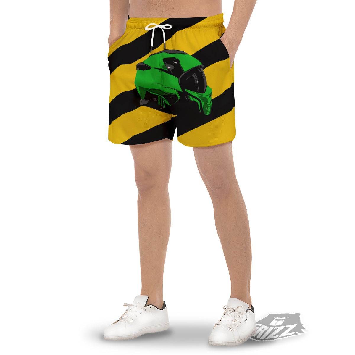 Yellow And Green Helmet Print Men's Gym Shorts-grizzshop