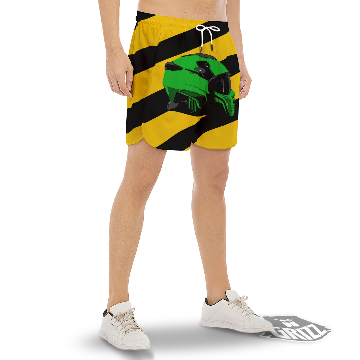 Yellow And Green Helmet Print Men's Gym Shorts-grizzshop