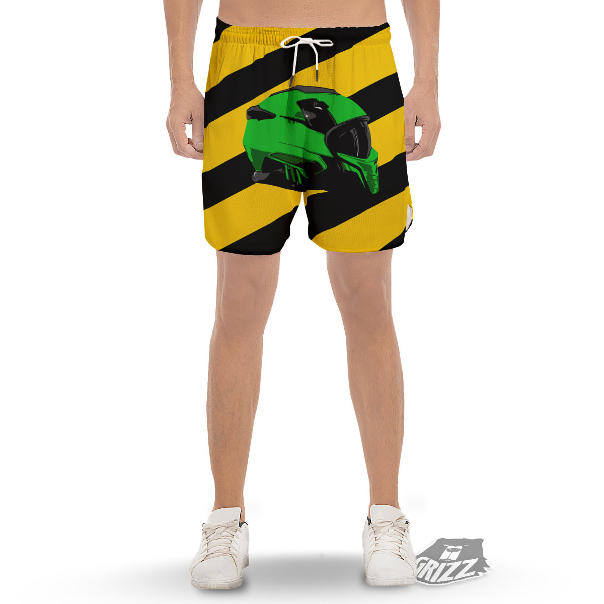 Yellow And Green Helmet Print Men's Gym Shorts-grizzshop