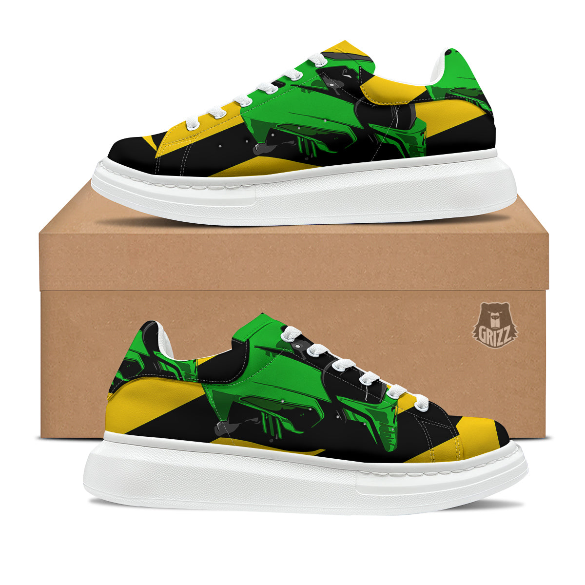 Yellow And Green Helmet Print Platform Shoes-grizzshop
