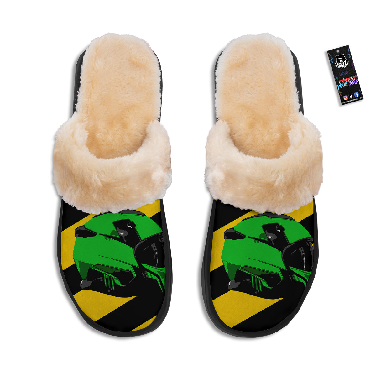 Yellow And Green Helmet Print Slippers-grizzshop