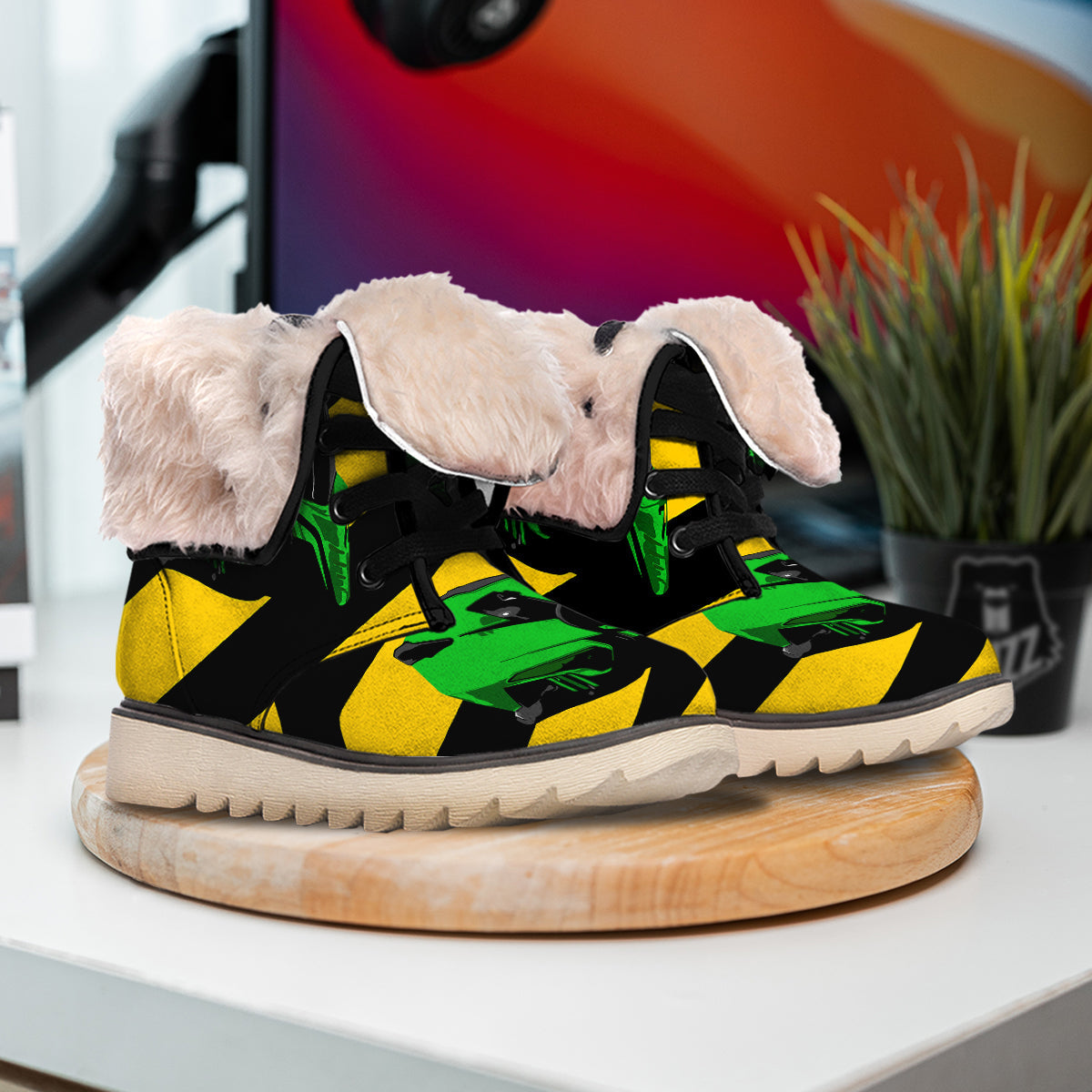 Yellow And Green Helmet Print Snow Boots-grizzshop