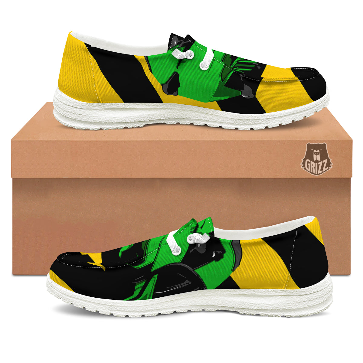 Yellow And Green Helmet Print White Loafers-grizzshop