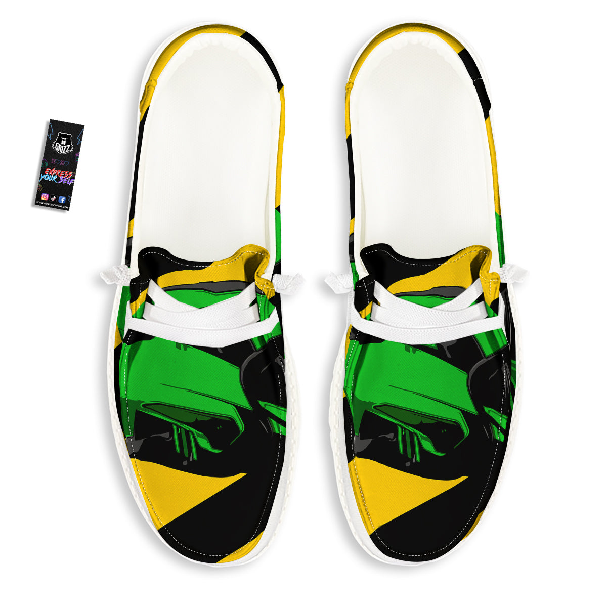 Yellow And Green Helmet Print White Loafers-grizzshop