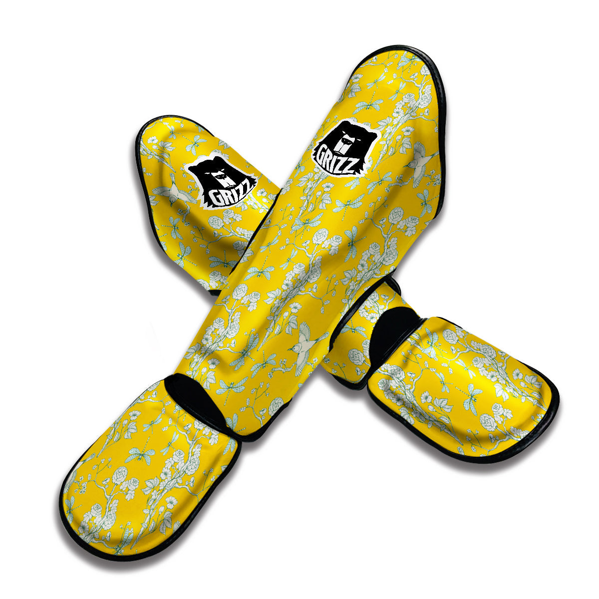 Yellow And White Chinoiserie Print Pattern Muay Thai Shin Guards-grizzshop