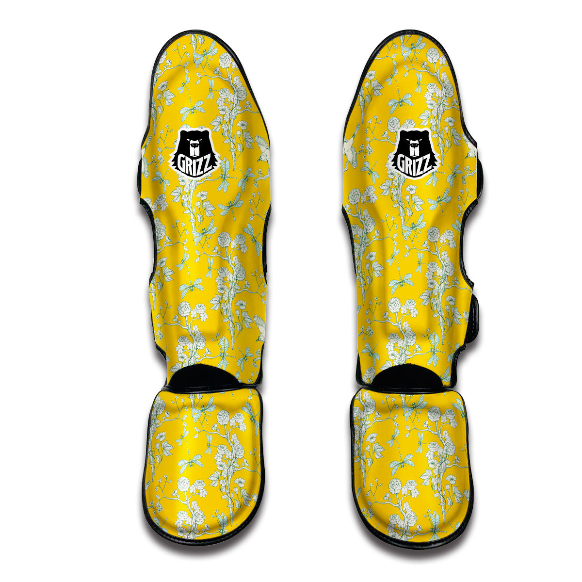 Yellow And White Chinoiserie Print Pattern Muay Thai Shin Guards-grizzshop