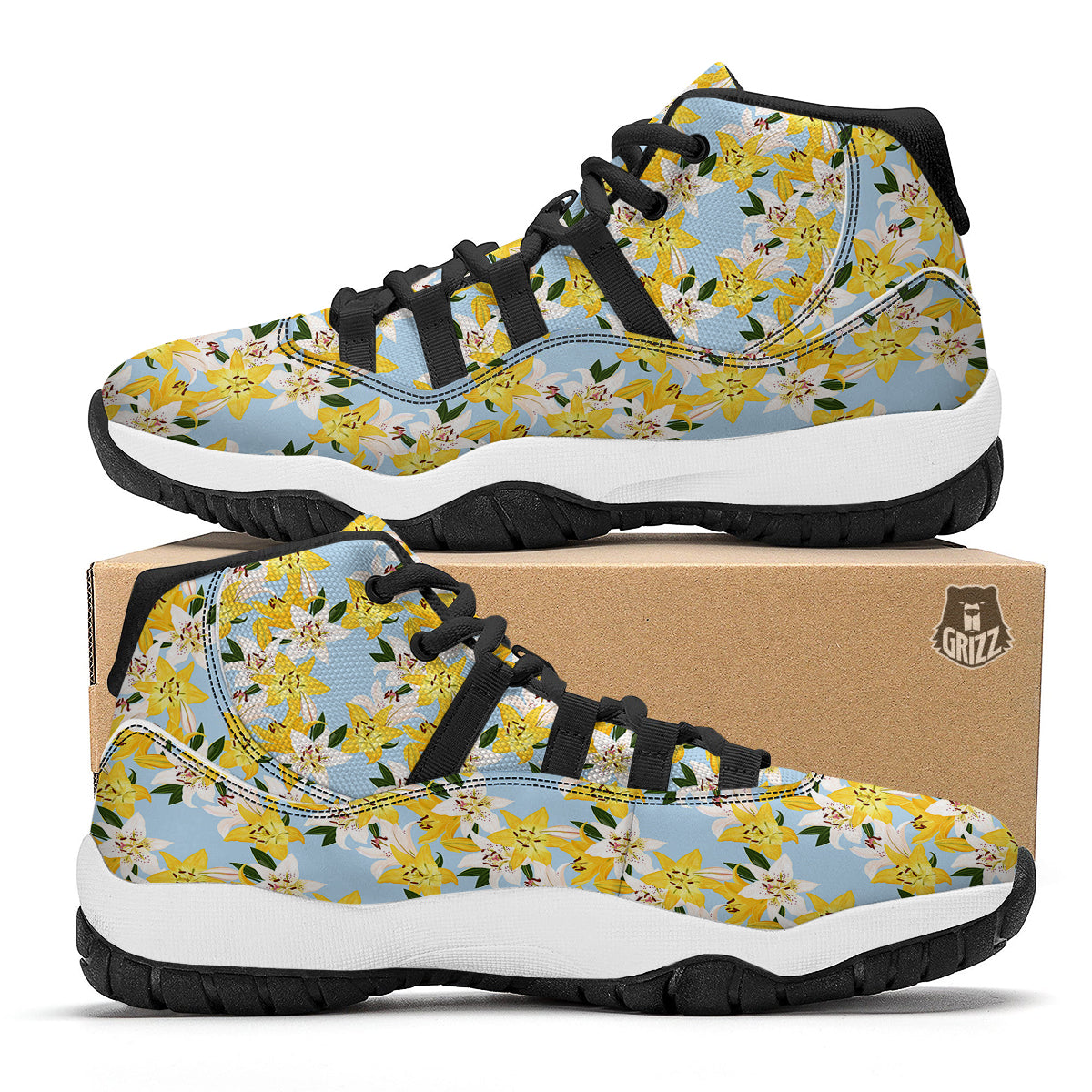 Yellow And White Lily Exotic Print Pattern Black Bball Shoes-grizzshop