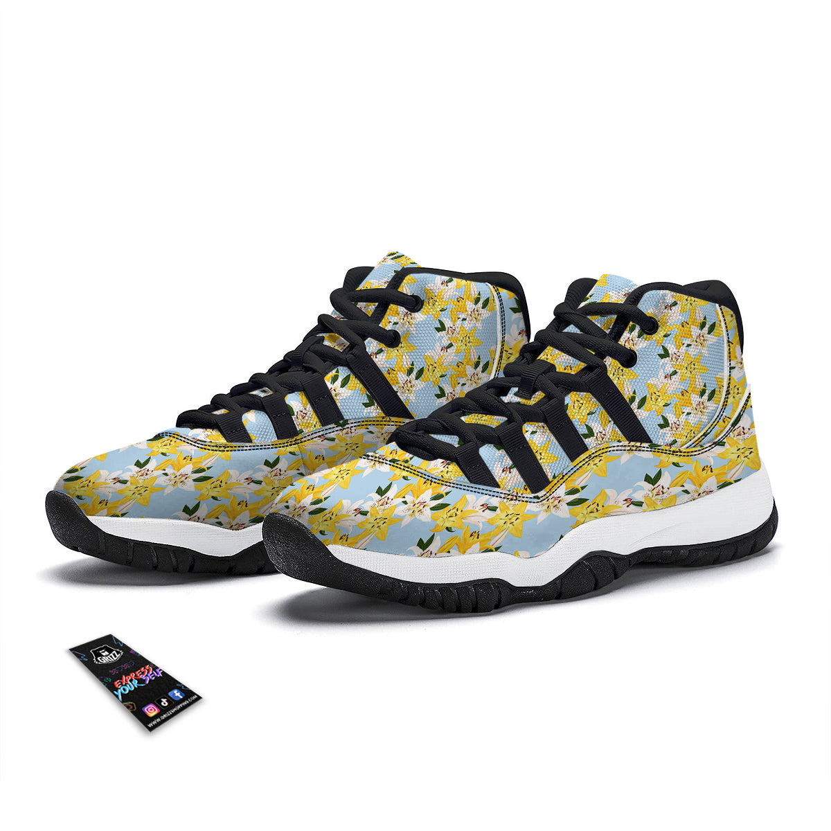 Yellow And White Lily Exotic Print Pattern Black Bball Shoes-grizzshop