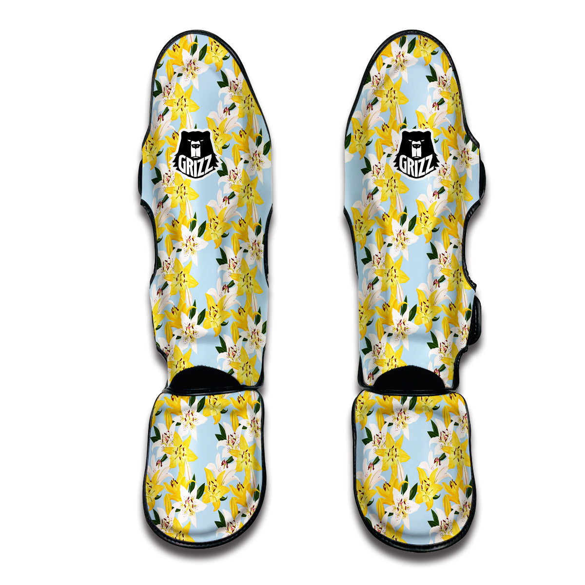 Yellow And White Lily Exotic Print Pattern Muay Thai Shin Guards-grizzshop