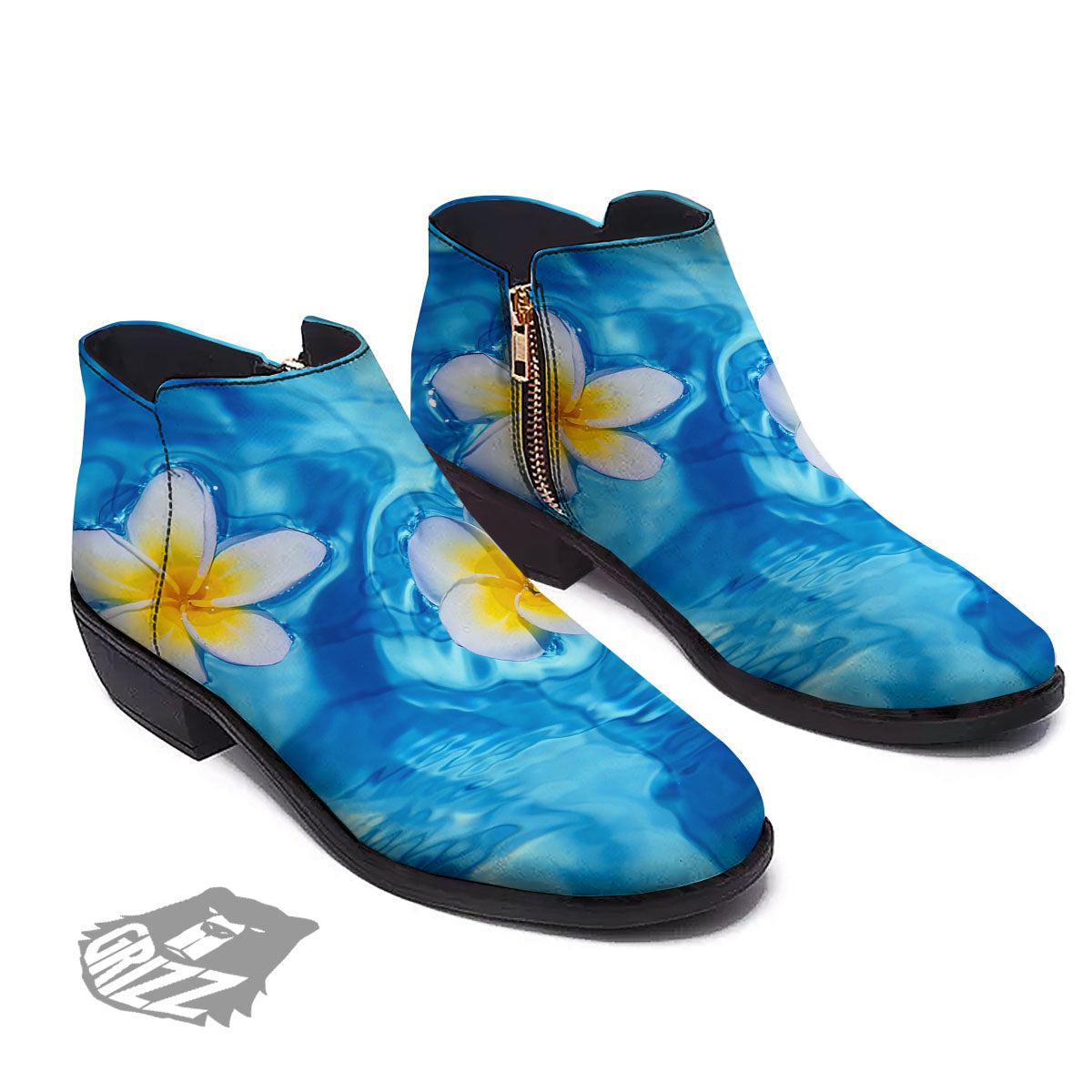 Yellow And White Plumeria In Water Print Ankle Boots-grizzshop