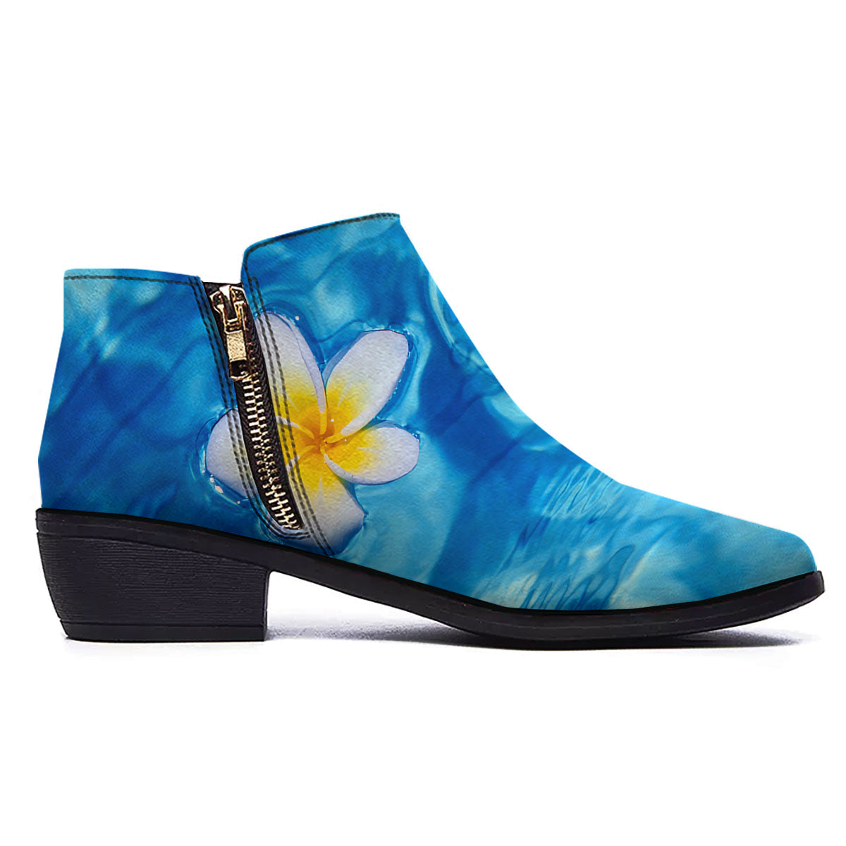 Yellow And White Plumeria In Water Print Ankle Boots-grizzshop