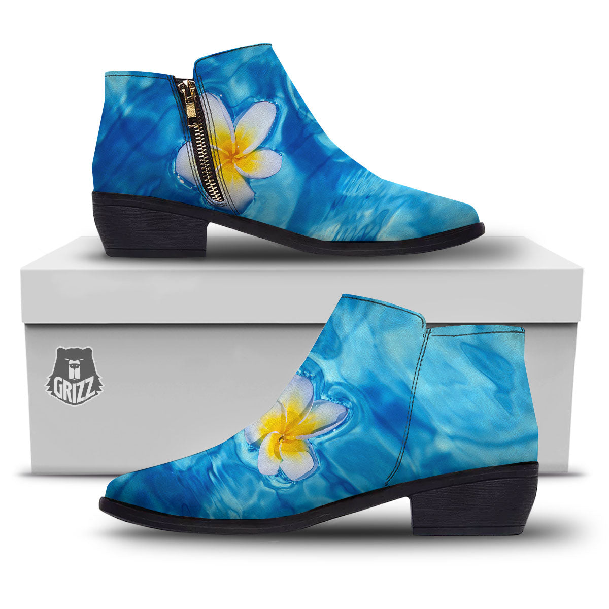 Yellow And White Plumeria In Water Print Ankle Boots-grizzshop