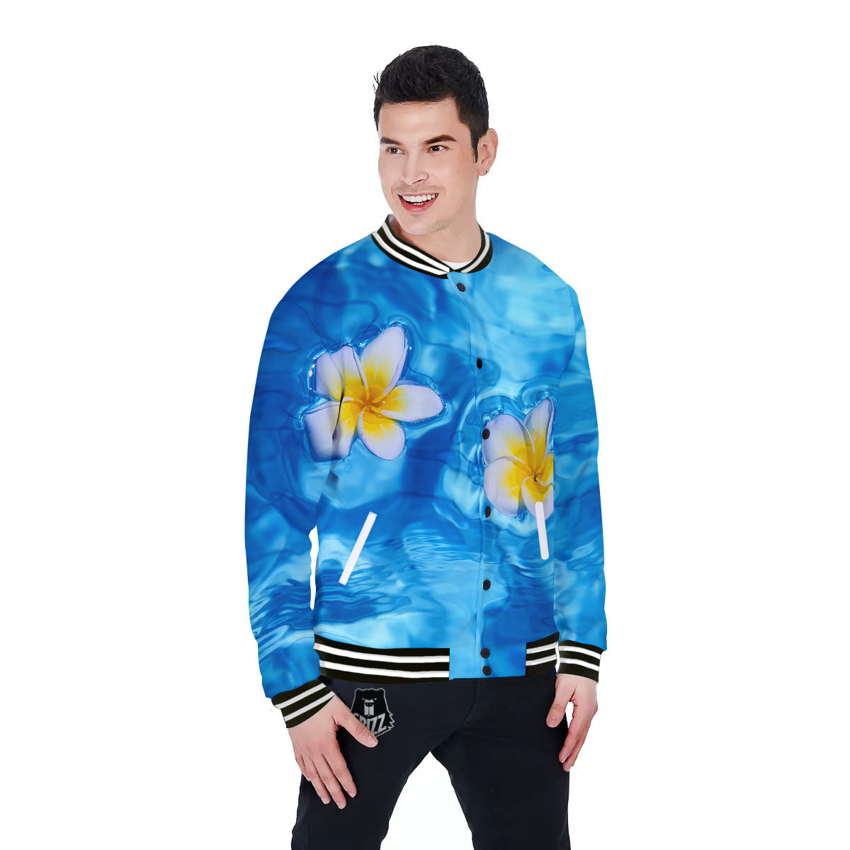 Yellow And White Plumeria In Water Print Baseball Jacket-grizzshop
