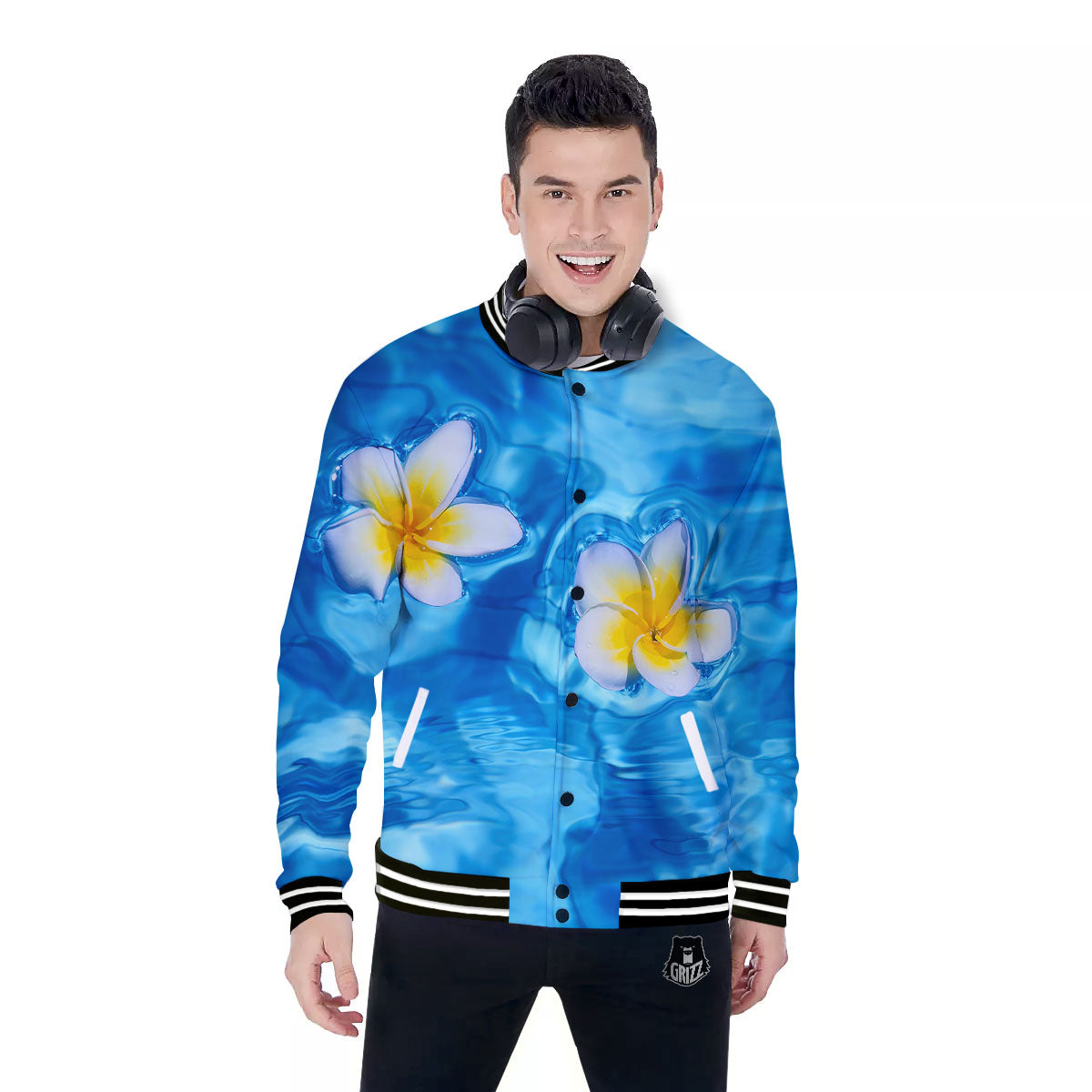 Yellow And White Plumeria In Water Print Baseball Jacket-grizzshop